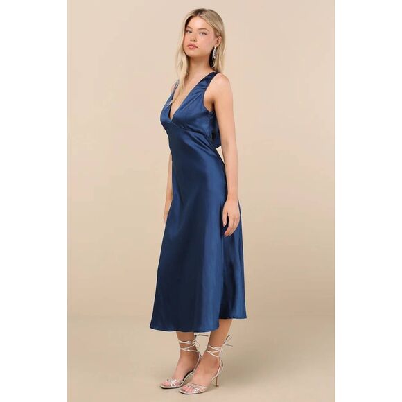NWT Lulus Incredible Love Navy Blue Satin Cowl Back Midi Slip Dress Size Large - Picture 2 of 7